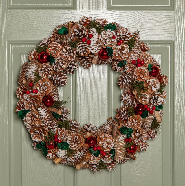 Samuel Alexander 50cm Hanging Christmas YuleFest Wreath with Red Baubles & Snow Tipped Pine Cones - image 1