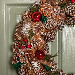 Samuel Alexander 50cm Hanging Christmas YuleFest Wreath with Red Baubles & Snow Tipped Pine Cones - thumbnail 3