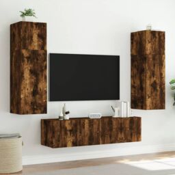 Berkfield Home TV Wall Cabinet with LED Lights Smoked Oak 80x35x31 cm in Brown - Size: 80 x 35 x 31 cm - thumbnail 5
