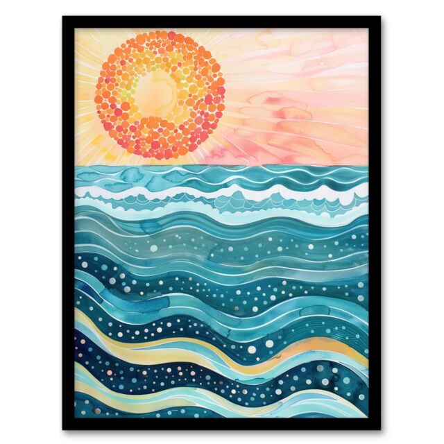 "Artery8 Sun Rising Over Sea Waves Blue Orange Folk Art Framed Wall Art - Size: W12"" x H16""" - image 1