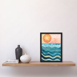 "Artery8 Sun Rising Over Sea Waves Blue Orange Folk Art Framed Wall Art - Size: W12"" x H16""" - thumbnail 4