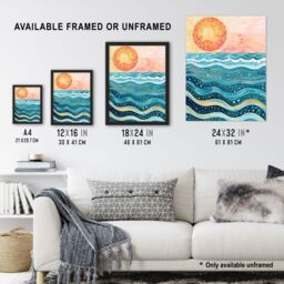 "Artery8 Sun Rising Over Sea Waves Blue Orange Folk Art Framed Wall Art - Size: W12"" x H16""" - thumbnail 3
