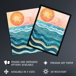 "Artery8 Sun Rising Over Sea Waves Blue Orange Folk Art Framed Wall Art - Size: W12"" x H16""" - thumbnail 2
