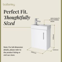 Balterley Cloakroom Wall Hung 1 Door Vanity Unit with Basin Gloss White 400mm - thumbnail 5