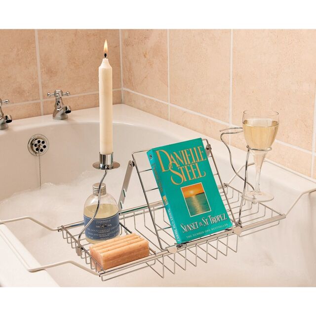 mysmartbuy Expandable Chrome Over Bath Rack Organiser with Book, Drink & Candle Holders - Extends From 62cm to 90cm in Silver - image 1