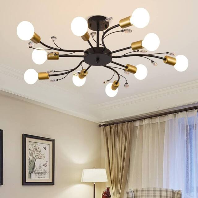 NIVOR 10 light Crystal Chandelier Mid Century Flush Mount Ceiling Lamp E27 in Black - image 1