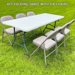 Kelvenix 1 x 6ft Table + 6 x Chairs -TRESTLE TABLE PICNIC BBQ PARTY CHAIRS in White - Size: 100 cm - thumbnail 1