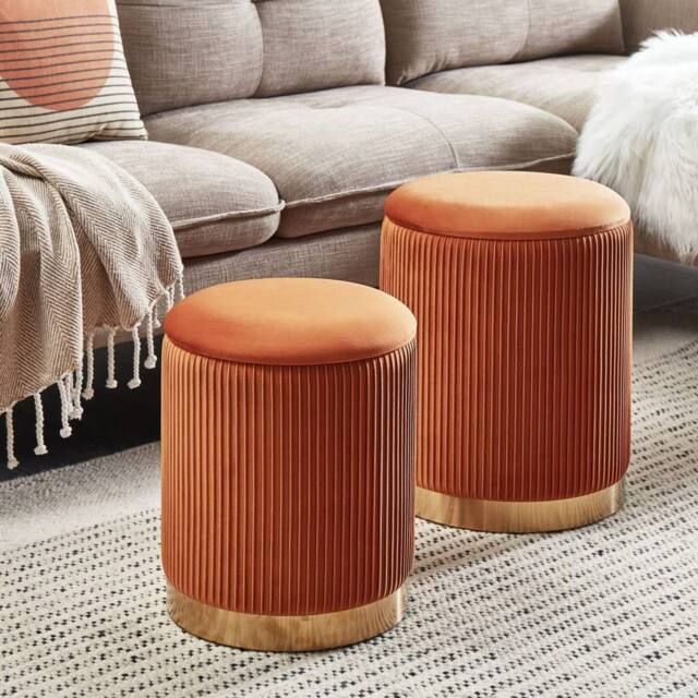 Wyld and Coco Set of 2 Orange Velvet Storage Pouffes Gold Base Modern Tufted - image 1