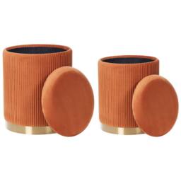 Wyld and Coco Set of 2 Orange Velvet Storage Pouffes Gold Base Modern Tufted - thumbnail 3