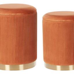 Wyld and Coco Set of 2 Orange Velvet Storage Pouffes Gold Base Modern Tufted - thumbnail 2
