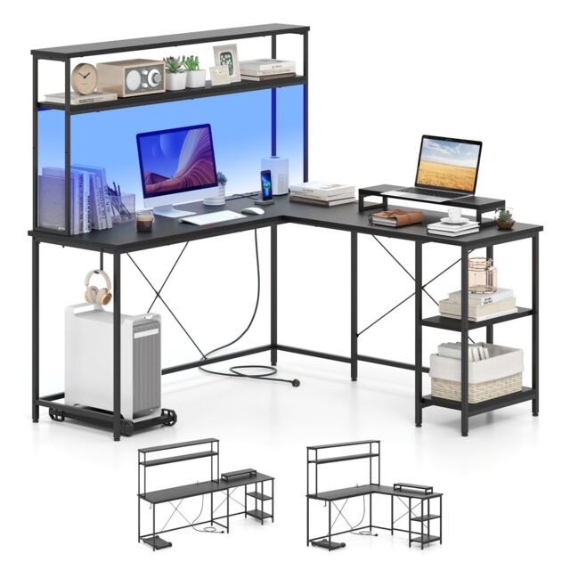 Costway L-Shaped Gaming Desk Reversible Corner Computer Desk w/LED Strip in Black - image 1