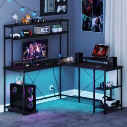 Costway L-Shaped Gaming Desk Reversible Corner Computer Desk w/LED Strip in Black - thumbnail 8