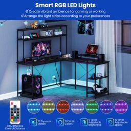 Costway L-Shaped Gaming Desk Reversible Corner Computer Desk w/LED Strip in Black - thumbnail 6