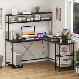Costway L-Shaped Gaming Desk Reversible Corner Computer Desk w/LED Strip in Black - thumbnail 9