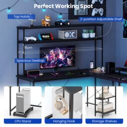 Costway L-Shaped Gaming Desk Reversible Corner Computer Desk w/LED Strip in Black - thumbnail 4