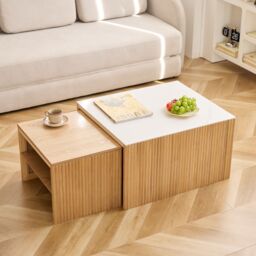Nordlys Set of 2 Wooden Coffee Tables with Storage in Light Brown - thumbnail 2