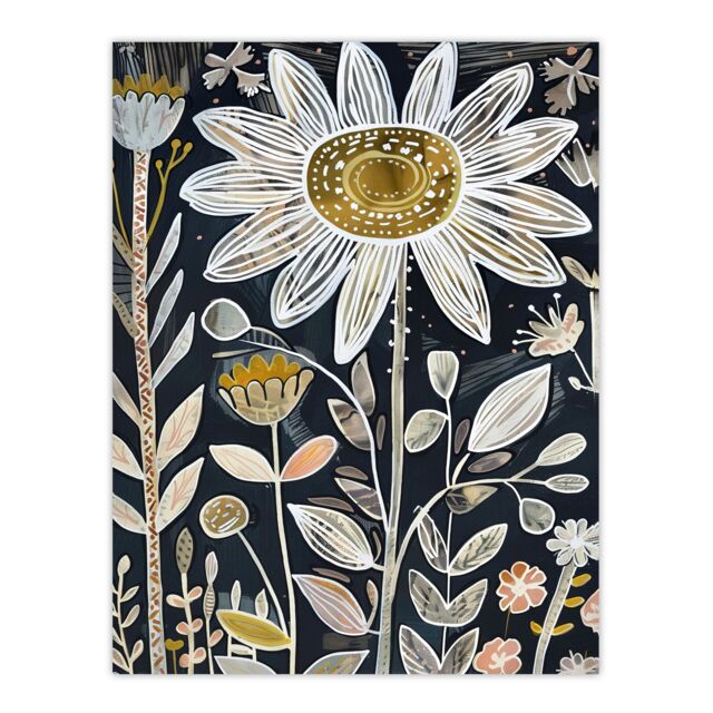 "Artery8 Single Daisy Flower Artwork Dark Floral Folk Art Wall Art Print in Black - Size: W24"" x H32""" - image 1