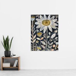 "Artery8 Single Daisy Flower Artwork Dark Floral Folk Art Wall Art Print in Black - Size: W24"" x H32""" - thumbnail 4