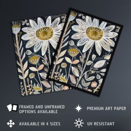 "Artery8 Single Daisy Flower Artwork Dark Floral Folk Art Wall Art Print in Black - Size: W24"" x H32""" - thumbnail 2