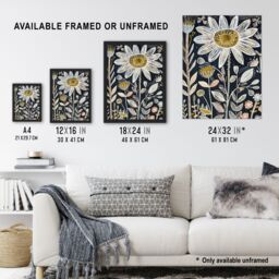 "Artery8 Single Daisy Flower Artwork Dark Floral Folk Art Wall Art Print in Black - Size: W24"" x H32""" - thumbnail 3