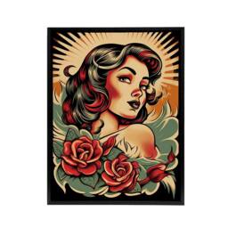 "Artery8 Rockabilly Pin Up & Roses Tattoo Style Framed Canvas Wall Art Print - Size: W24"" x H32""" - thumbnail 1