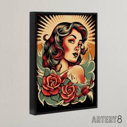 "Artery8 Rockabilly Pin Up & Roses Tattoo Style Framed Canvas Wall Art Print - Size: W24"" x H32""" - thumbnail 2