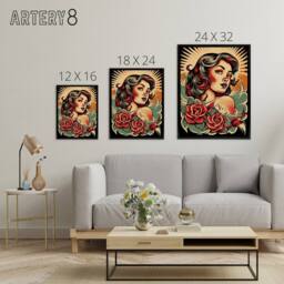 "Artery8 Rockabilly Pin Up & Roses Tattoo Style Framed Canvas Wall Art Print - Size: W24"" x H32""" - thumbnail 4