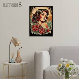 "Artery8 Rockabilly Pin Up & Roses Tattoo Style Framed Canvas Wall Art Print - Size: W24"" x H32""" - thumbnail 3