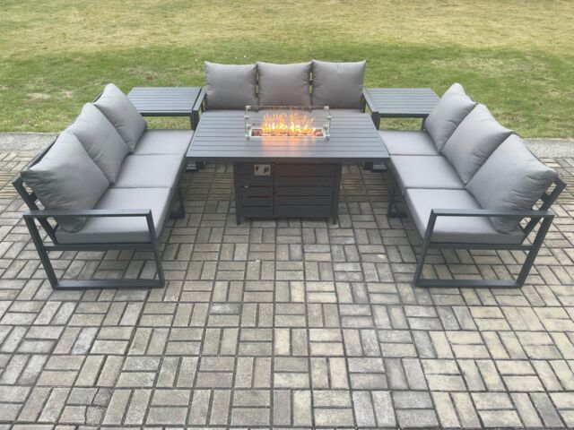Fimous Aluminium 9 Seater Garden Furniture Outdoor Set Patio Lounge Sofa Gas Fire Pit Dining Table Set with 2 Side Tables Dark Grey - image 1