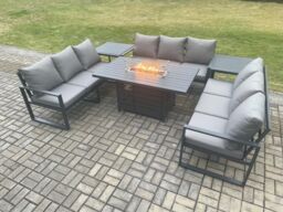 Fimous Aluminium 9 Seater Garden Furniture Outdoor Set Patio Lounge Sofa Gas Fire Pit Dining Table Set with 2 Side Tables Dark Grey - thumbnail 2