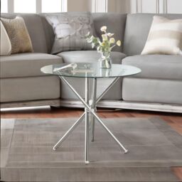 FURNOS Round Glass Coffee Table With Stainless Steel Legs in Silver