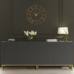 Mex Furniture LTD Set of 2 White Fluted Sideboards 200cm Gold Base - Double Storage Unit in Dark Grey