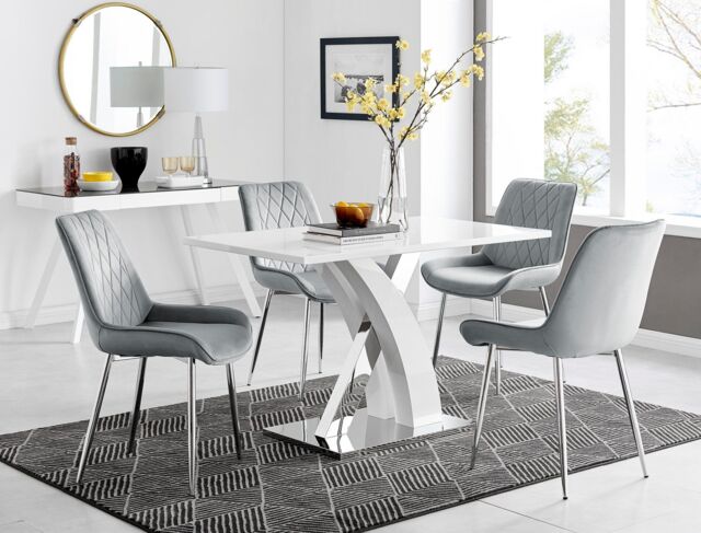 FurnitureboxUK Atlanta White High Gloss & Chrome 4 Seater Dining Table with X Shaped Legs & 4 Soft Velvet Pesaro Chairs in Grey - image 1