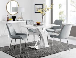 FurnitureboxUK Atlanta White High Gloss & Chrome 4 Seater Dining Table with X Shaped Legs & 4 Soft Velvet Pesaro Chairs in Grey - thumbnail 1