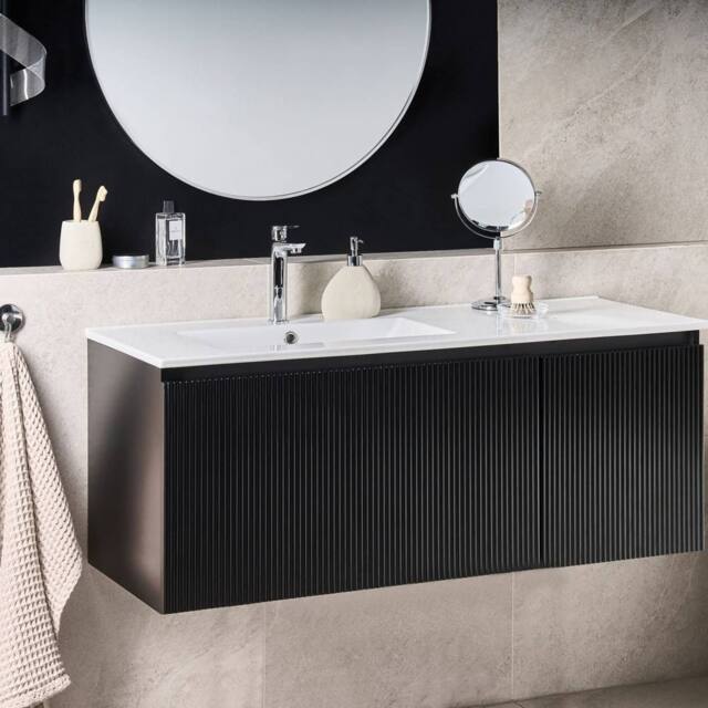 Wyld and Coco Wall-Mounted Vanity Unit with Ceramic Basin 120cm Black Fluted Front - image 1