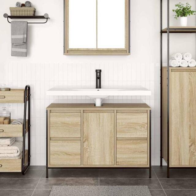 Berkfield Home Decorative Basin Cabinet with Drawers Sonoma Oak 90x34.5x60 cm in Light Brown - image 1