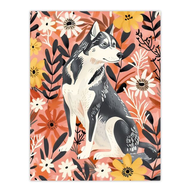 "Artery8 Dog Lover Siberian Husky Rustic Pink Floral Wall Art Print - Size: W12"" x H16""" - image 1