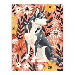"Artery8 Dog Lover Siberian Husky Rustic Pink Floral Wall Art Print - Size: W12"" x H16""" - thumbnail 1