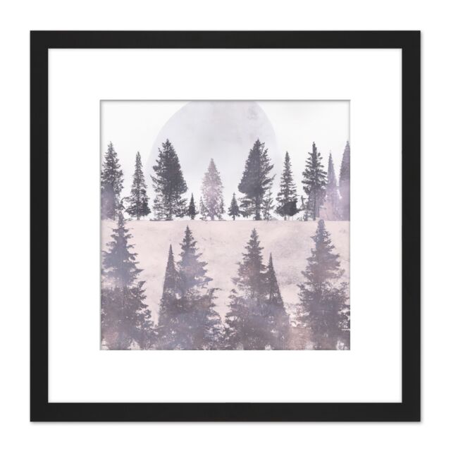 Artery8 Pine Tree Forest Landscape Soft Pastel Colour Painting Square Wooden Framed Wall Art Print Picture 8X8 Inch in Black - image 1