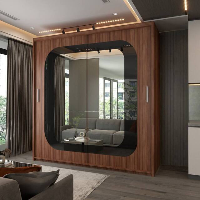 Sliding Wardrobes 4U Double Door Sliding Wardrobe With LED Light W150cm x H217cm x D62cm in Walnut - image 1