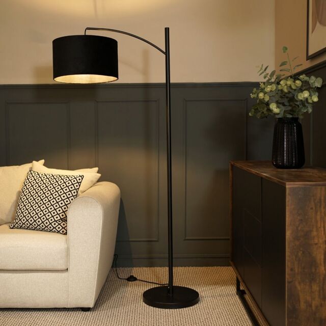 ValueLights Preto Black Metal Curved Floor Lamp With Black Velvet Shade - image 1