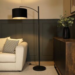 ValueLights Preto Black Metal Curved Floor Lamp With Black Velvet Shade - thumbnail 1
