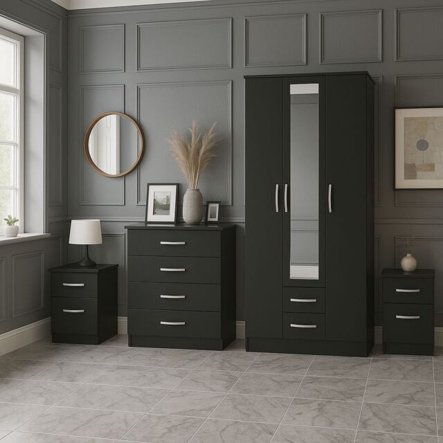 Birlea Black Wooden 4 Piece Furniture Set Wardrobe Chest of Drawers Bedsides Lynx - image 1