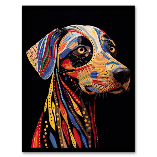 Artery8 Wall Art Print Tribal Patterned Dog Colourful Pet Portrait Painting Framed - Size: A4 - image 1