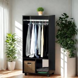 Pirlo Plush Open Wardrobe Clothes Rail With Storage Shelves on Wheels Black - thumbnail 2