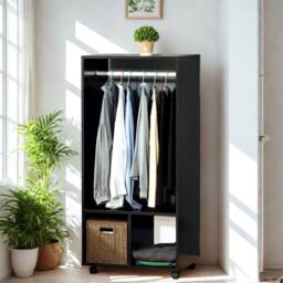 Pirlo Plush Open Wardrobe Clothes Rail With Storage Shelves on Wheels Black - thumbnail 3