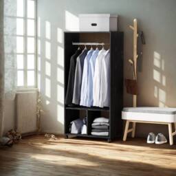 Pirlo Plush Open Wardrobe Clothes Rail With Storage Shelves on Wheels Black