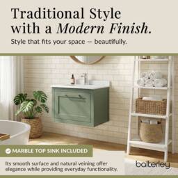 Balterley Blithbury Wall Hung 1 Drawer Vanity Basin Unit, Matt Green, 600mm in Green - thumbnail 4