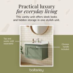 Balterley Blithbury Wall Hung 1 Drawer Vanity Basin Unit, Matt Green, 600mm in Green - thumbnail 3