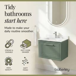 Balterley Blithbury Wall Hung 1 Drawer Vanity Basin Unit, Matt Green, 600mm in Green - thumbnail 7